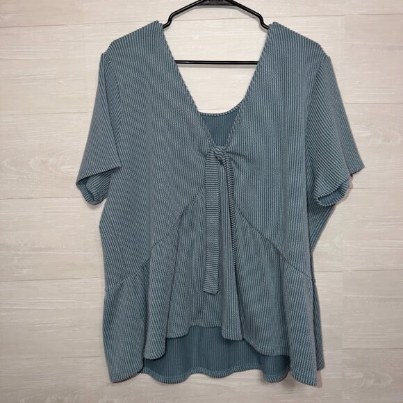 Arula Blue Ribbed Peplum Top Size 1X 14/16 Short Sleeve Stretch Knit Blouse - Picture 7 of 7